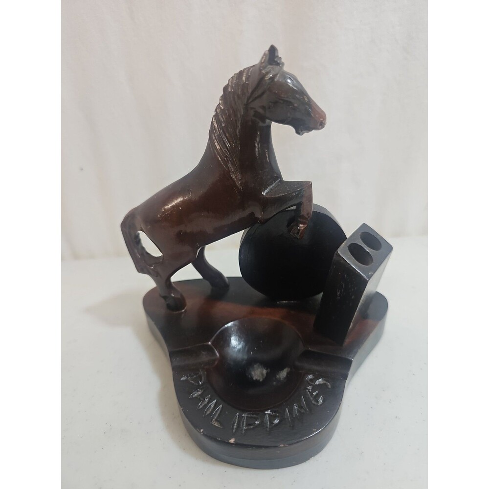 Vintage PHILLIPPINES SOUVENIR ASH TRAY CARVED WOOD HORSE PEN HOLDER MCM